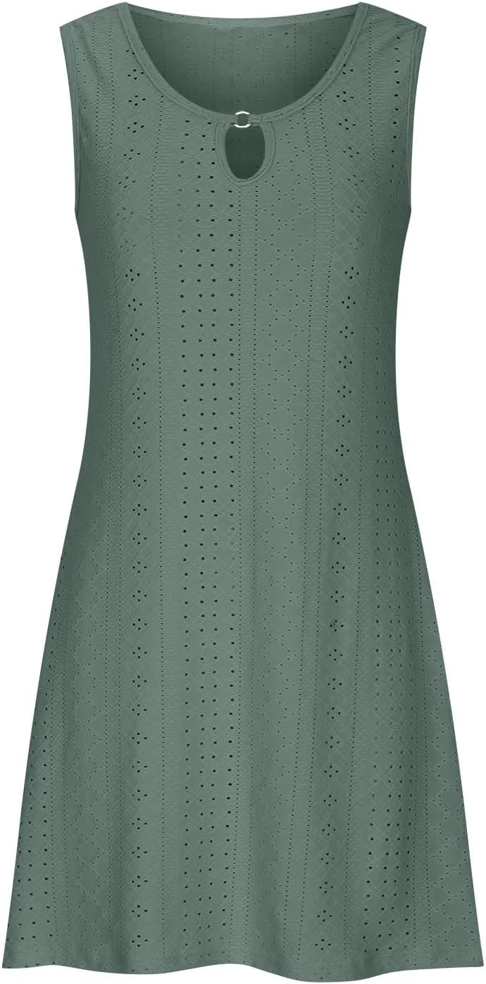 Womens Summer Dresses 2025 Eyelet Sleeveless Tank Dress Scoop Neck A Line Swing Dress Flowy Beach Sundress