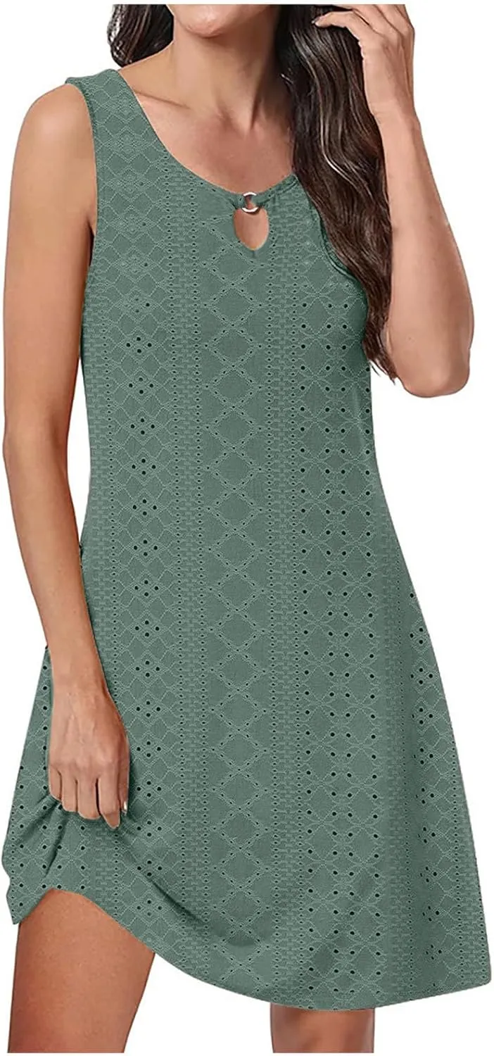 Womens Summer Dresses 2025 Eyelet Sleeveless Tank Dress Scoop Neck A Line Swing Dress Flowy Beach Sundress
