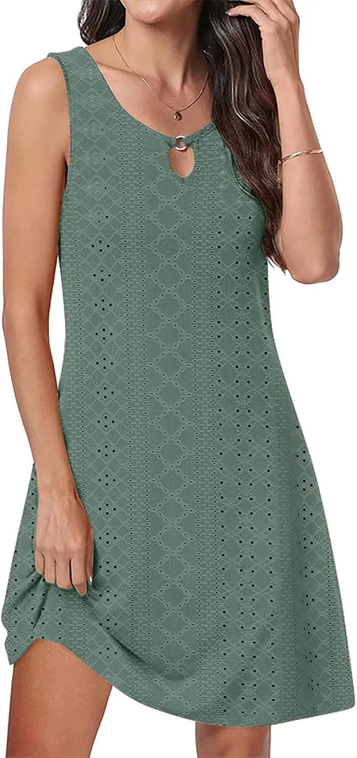 Womens Summer Dresses 2025 Eyelet Sleeveless Tank Dress Scoop Neck A Line Swing Dress Flowy Beach Sundress