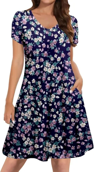 Womens Summer Dresses 2025 V Neck Short Sleeve Floral Graphic Sundresses Cute Loose Casual Midi Dress with Pockets