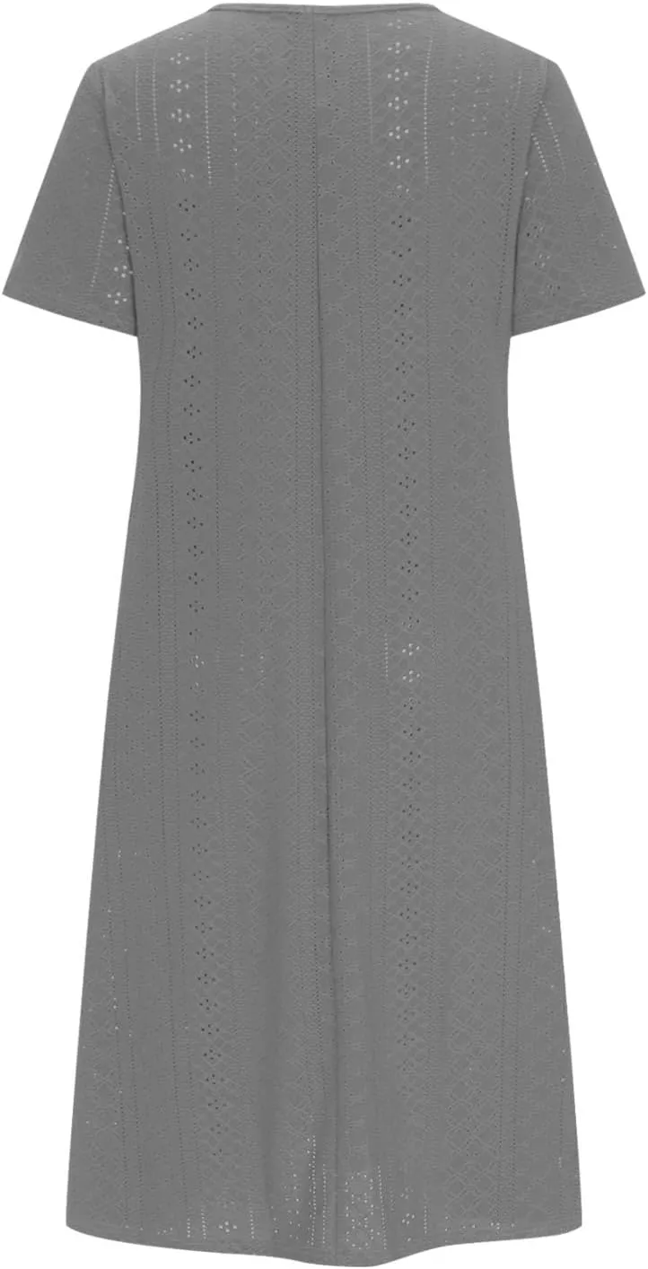 Womens Summer Dresses Casual Eyelet Short Sleeve Midi Dress Flowy Crewneck Beach Vacation Sundress 2024