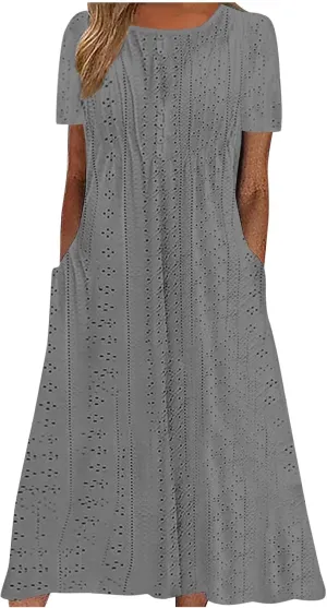 Womens Summer Dresses Casual Eyelet Short Sleeve Midi Dress Flowy Crewneck Beach Vacation Sundress 2024