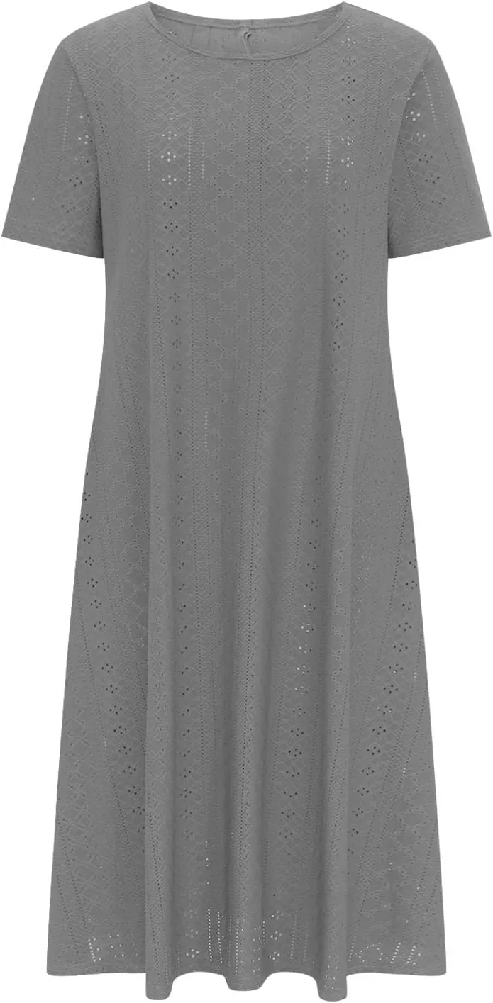 Womens Summer Dresses Casual Eyelet Short Sleeve Midi Dress Flowy Crewneck Beach Vacation Sundress 2024