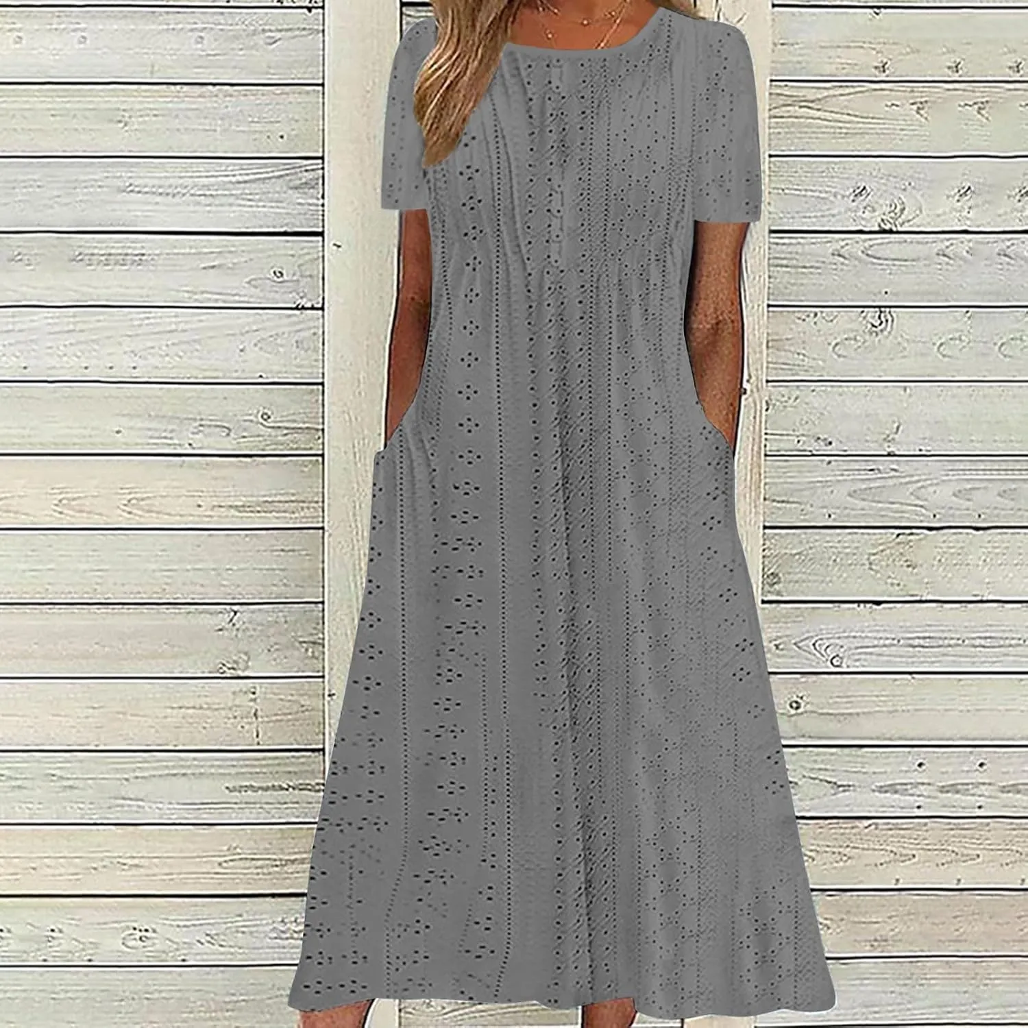Womens Summer Dresses Casual Eyelet Short Sleeve Midi Dress Flowy Crewneck Beach Vacation Sundress 2024