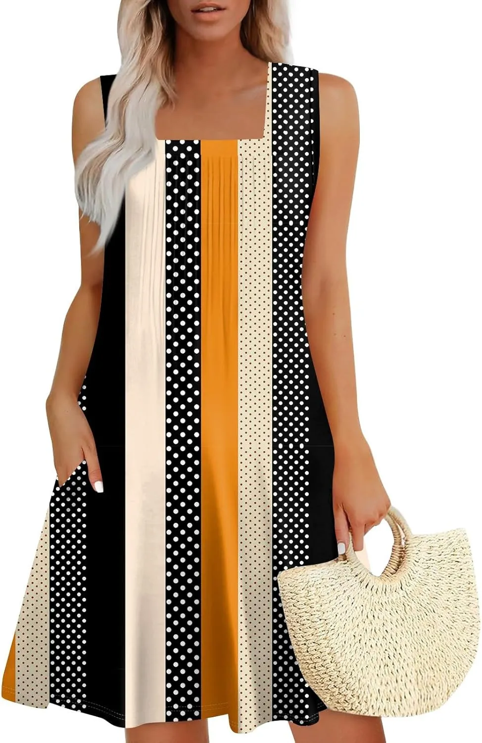 Womens Summer Dresses Flowy Sleeveless Mini Dress Beach Casual Sundresses Prited Tshirt Tank Dresses with Pockets