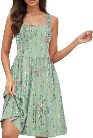Womens Summer Dresses Flowy Sundresses Beach Prited Sleeveless Mini Dress Loose Tshirt Tank Dresses with Pockets