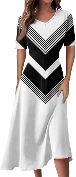 Womens Summer Dresses Midi 2025 Casual Trendy Sundresses Floral Dress Elegant Short Sleeve Sundress A Line V Neck