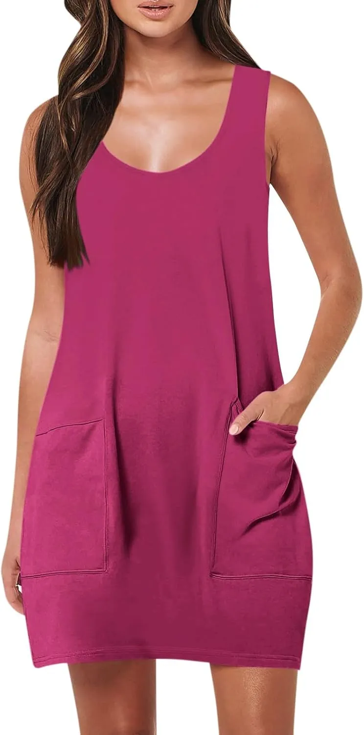 Women's Summer Dresses Short Beach Tank Dresse Vacation Casual Sleeveless Mini T Shirt Dress Sundress with Pockets