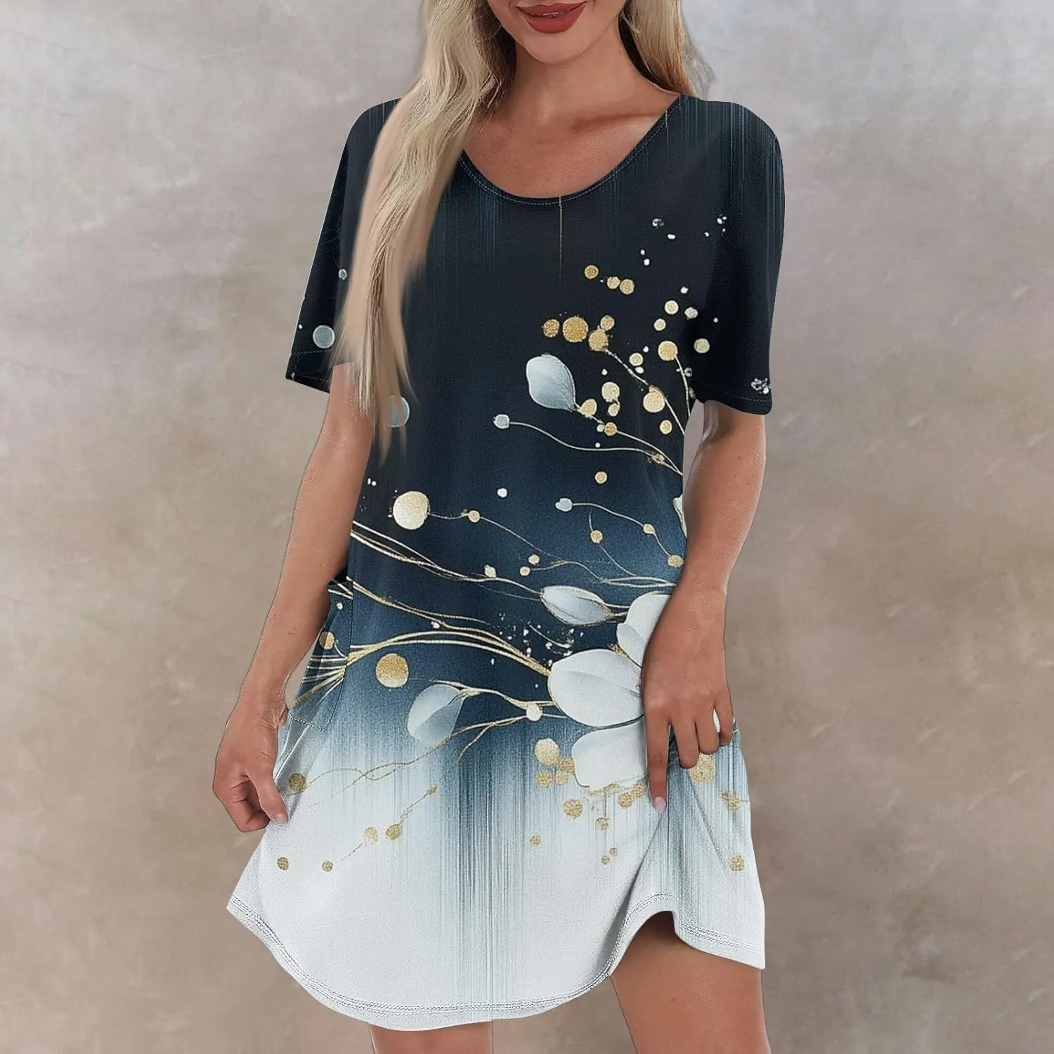 Womens Summer Dresses Short Sleeve Round Neck Boho Floral Print Shirt Dress Beach Vacation Sundresses