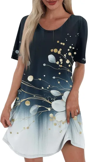Womens Summer Dresses Short Sleeve Round Neck Boho Floral Print Shirt Dress Beach Vacation Sundresses