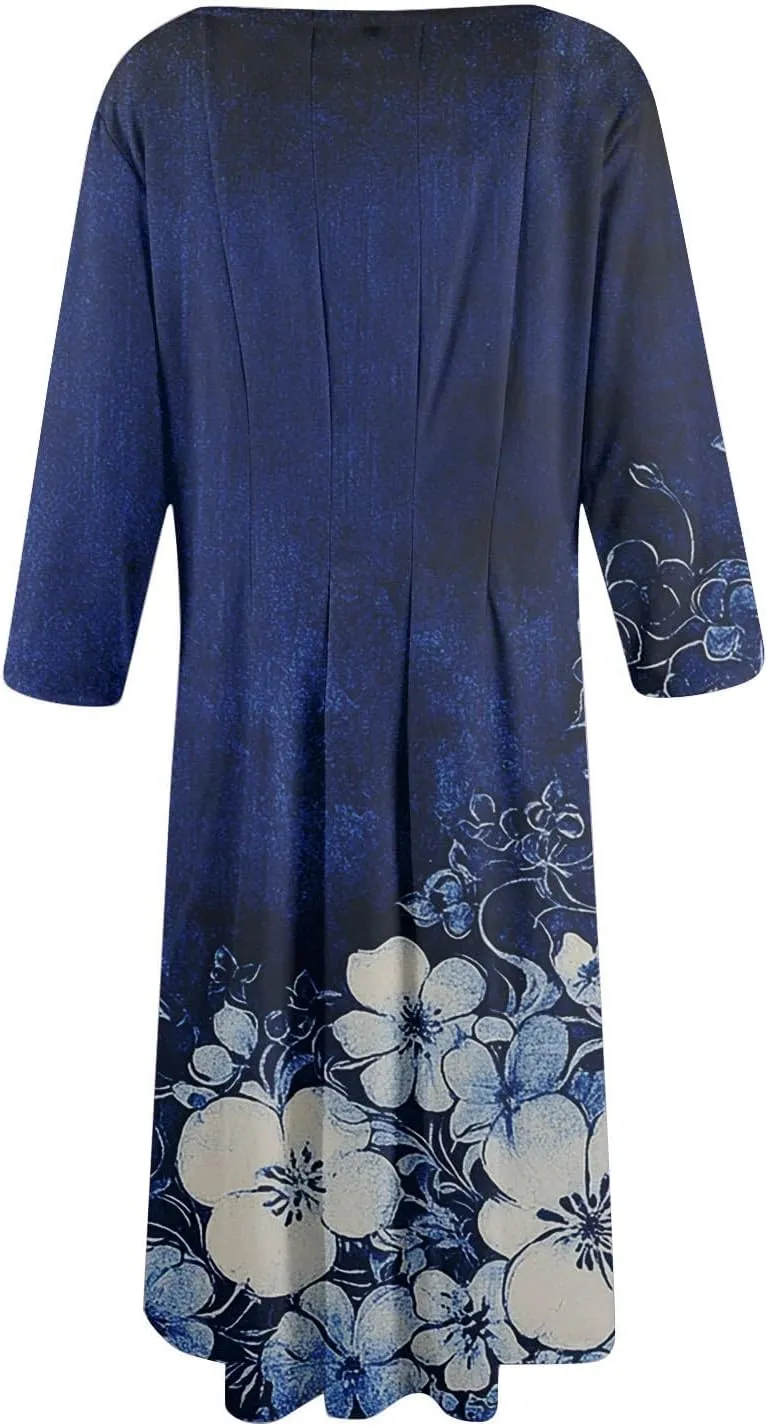 Womens Summer Dresses Summer Floral Beach Tshirt Dress Aline Casual Midi Dresses Flowy 3/4 Sleeve Dress with Pockets