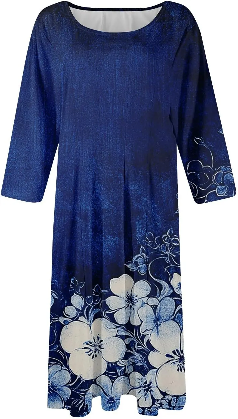 Womens Summer Dresses Summer Floral Beach Tshirt Dress Aline Casual Midi Dresses Flowy 3/4 Sleeve Dress with Pockets