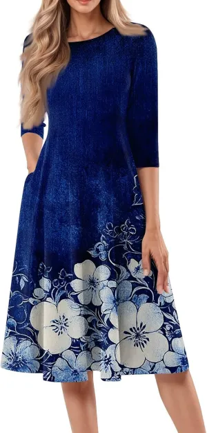 Womens Summer Dresses Summer Floral Beach Tshirt Dress Aline Casual Midi Dresses Flowy 3/4 Sleeve Dress with Pockets