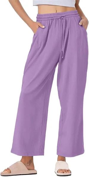 Womens Summer Lightweight Pants Cotton Linen Wide Leg Pants Drawstring Elastic Waist Trousers with Pockets