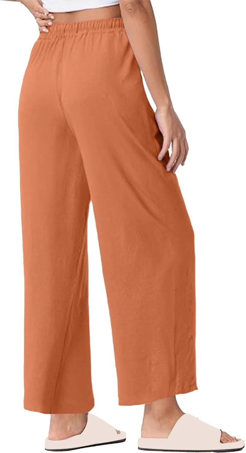 Womens Summer Lightweight Pants Cotton Linen Wide Leg Pants Drawstring Elastic Waist Trousers with Pockets