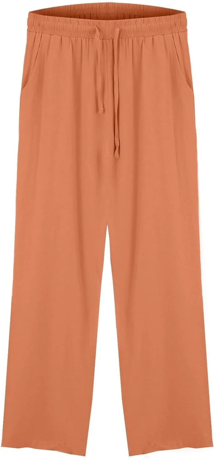 Womens Summer Lightweight Pants Cotton Linen Wide Leg Pants Drawstring Elastic Waist Trousers with Pockets