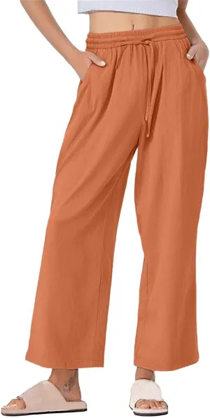 Womens Summer Lightweight Pants Cotton Linen Wide Leg Pants Drawstring Elastic Waist Trousers with Pockets