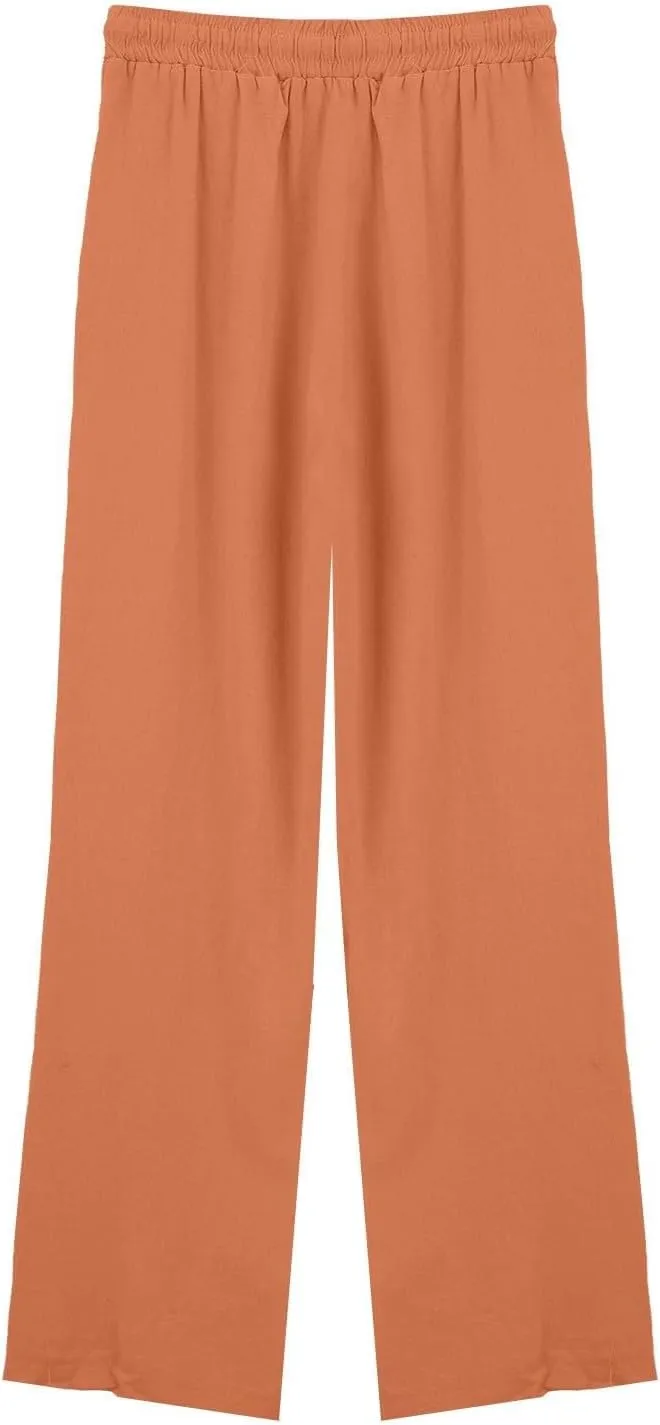 Womens Summer Lightweight Pants Cotton Linen Wide Leg Pants Drawstring Elastic Waist Trousers with Pockets