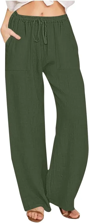Women's Summer Linen Pants Flowy Wide Leg Long Lounge Pant Drawstring Trousers Business Casual Joggers Slacks Pockets