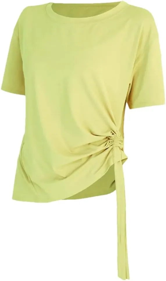 Women's Summer Loose Yoga Shirts Short Sleeves Crewneck Sport T-Shirts Bandage Quick Dry Fitness Tee Tops