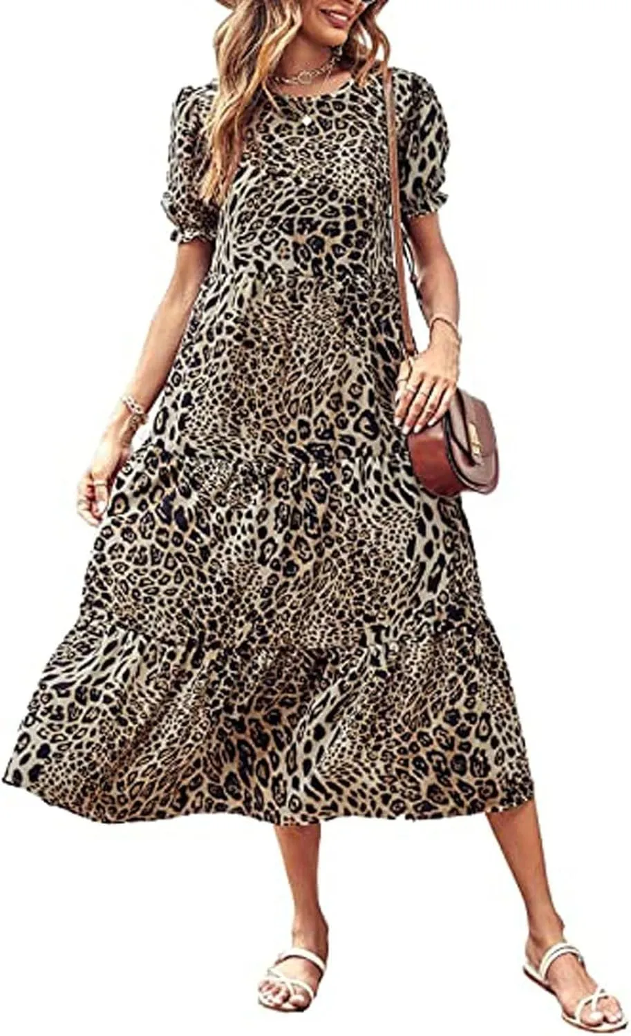Womens Summer Maxi Dress Casual Round Neck Short Puff Sleeve Dresses Flowy Floral Tiered Ruffle Hem Beach Sundress