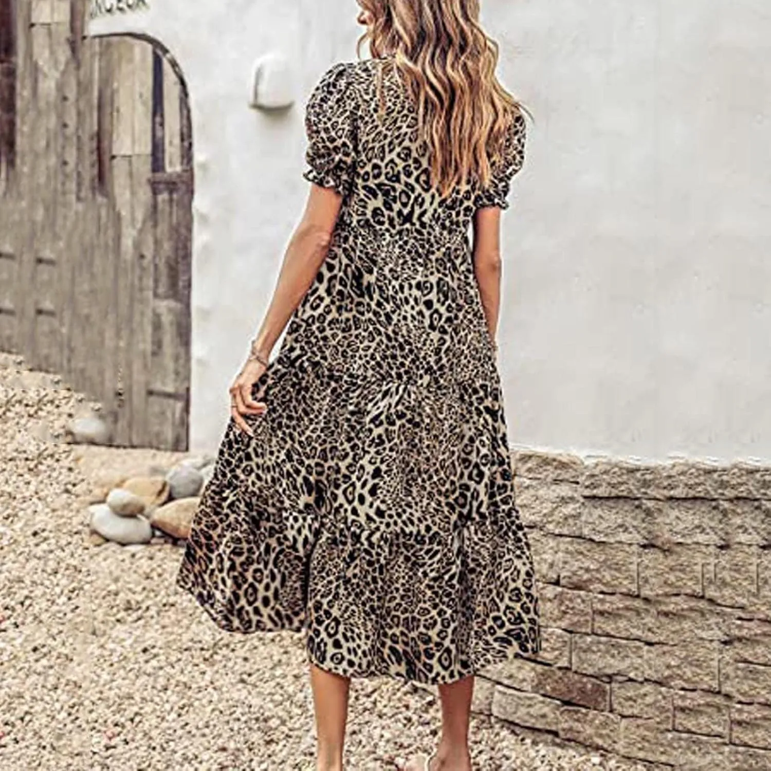 Womens Summer Maxi Dress Casual Round Neck Short Puff Sleeve Dresses Flowy Floral Tiered Ruffle Hem Beach Sundress
