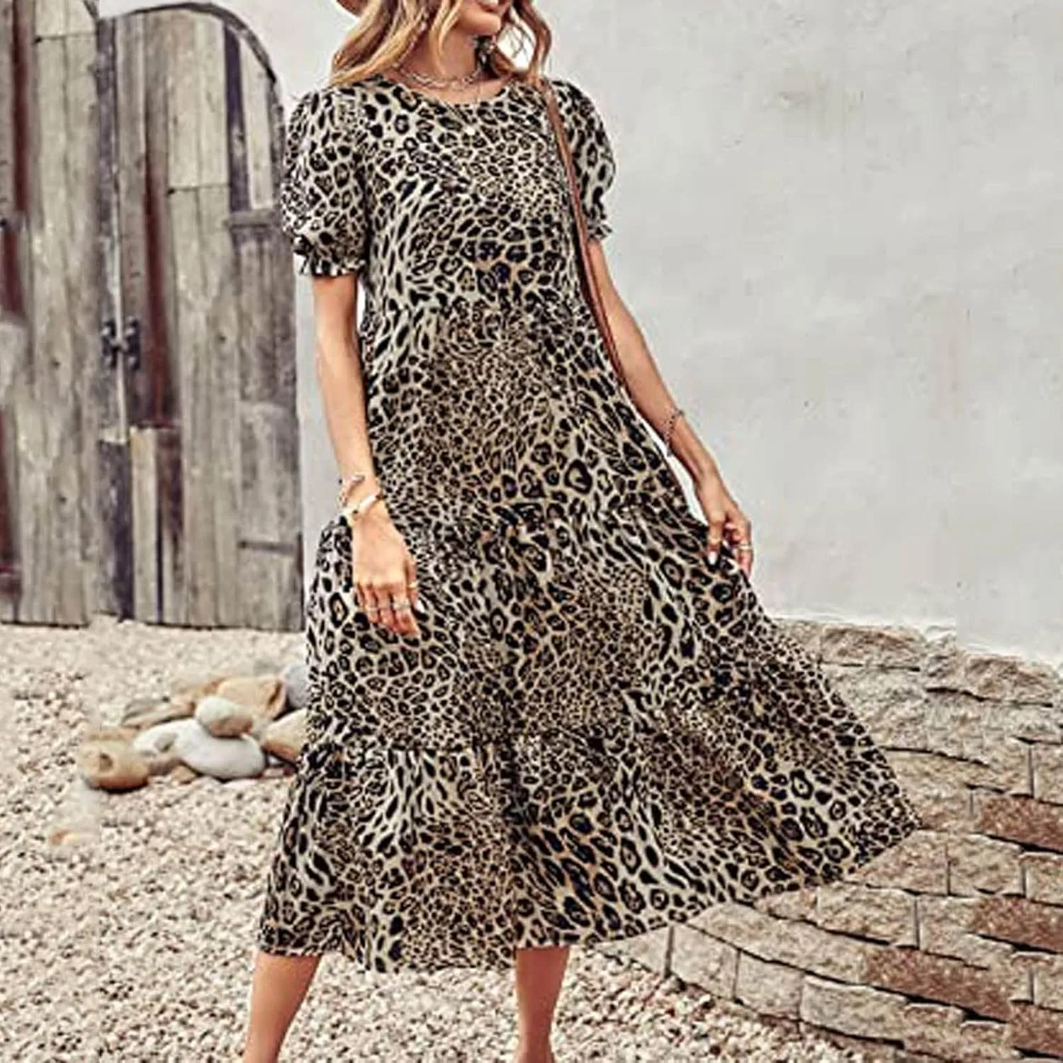 Womens Summer Maxi Dress Casual Round Neck Short Puff Sleeve Dresses Flowy Floral Tiered Ruffle Hem Beach Sundress