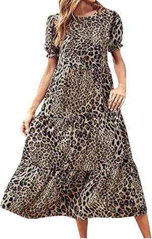 Womens Summer Maxi Dress Casual Round Neck Short Puff Sleeve Dresses Flowy Floral Tiered Ruffle Hem Beach Sundress