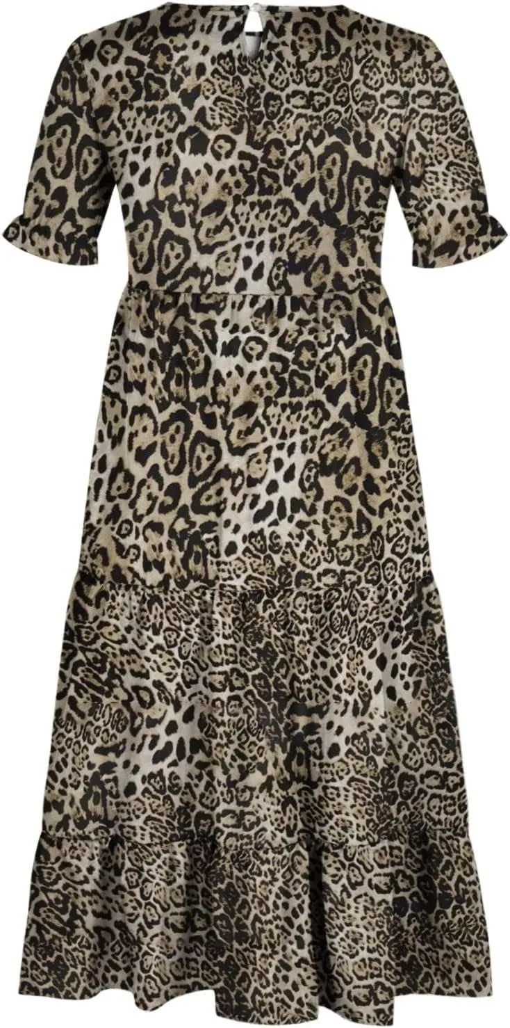 Womens Summer Maxi Dress Casual Round Neck Short Puff Sleeve Dresses Flowy Floral Tiered Ruffle Hem Beach Sundress