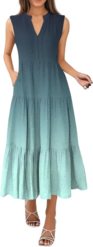 Womens Summer Maxi Dresses Vintage Floral Sleeveless Drop Waist A-Line Flowy Tiered Boho Long Beach Tank Sundress