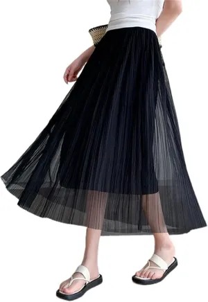 Women's Summer Mesh Pleated Skirt, Loose Fit, High-Waisted A-Line Skirt