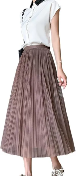 Women's Summer Mesh Pleated Skirt, Loose Fit, High-Waisted A-Line Skirt