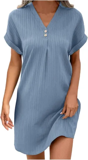 Womens Summer Shirt Dress Short Sleeve A Line Shift Dress Casual Loose Fit Beach Sundress Shirt Tunic Dresses with Pockets