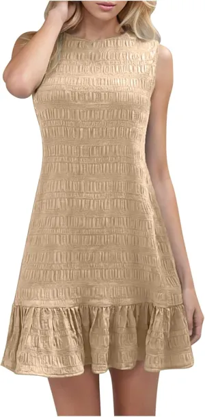 Women's Summer Sleeveless Mini Dress Fashion Basic Round Neck Short Dresses Casual Trendy Ruffle Patchwork Dress