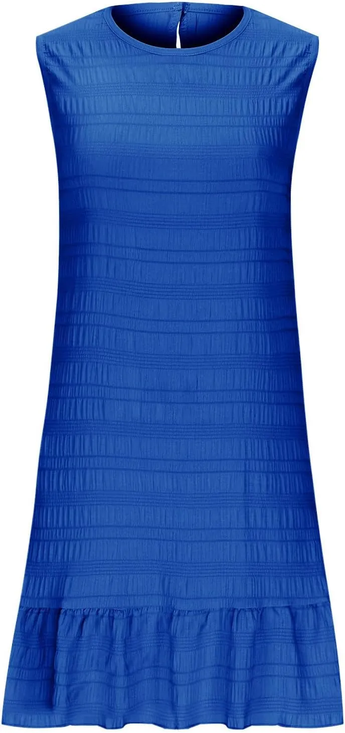 Women's Summer Sleeveless Mini Dress Fashion Basic Round Neck Short Dresses Casual Trendy Ruffle Patchwork Dress