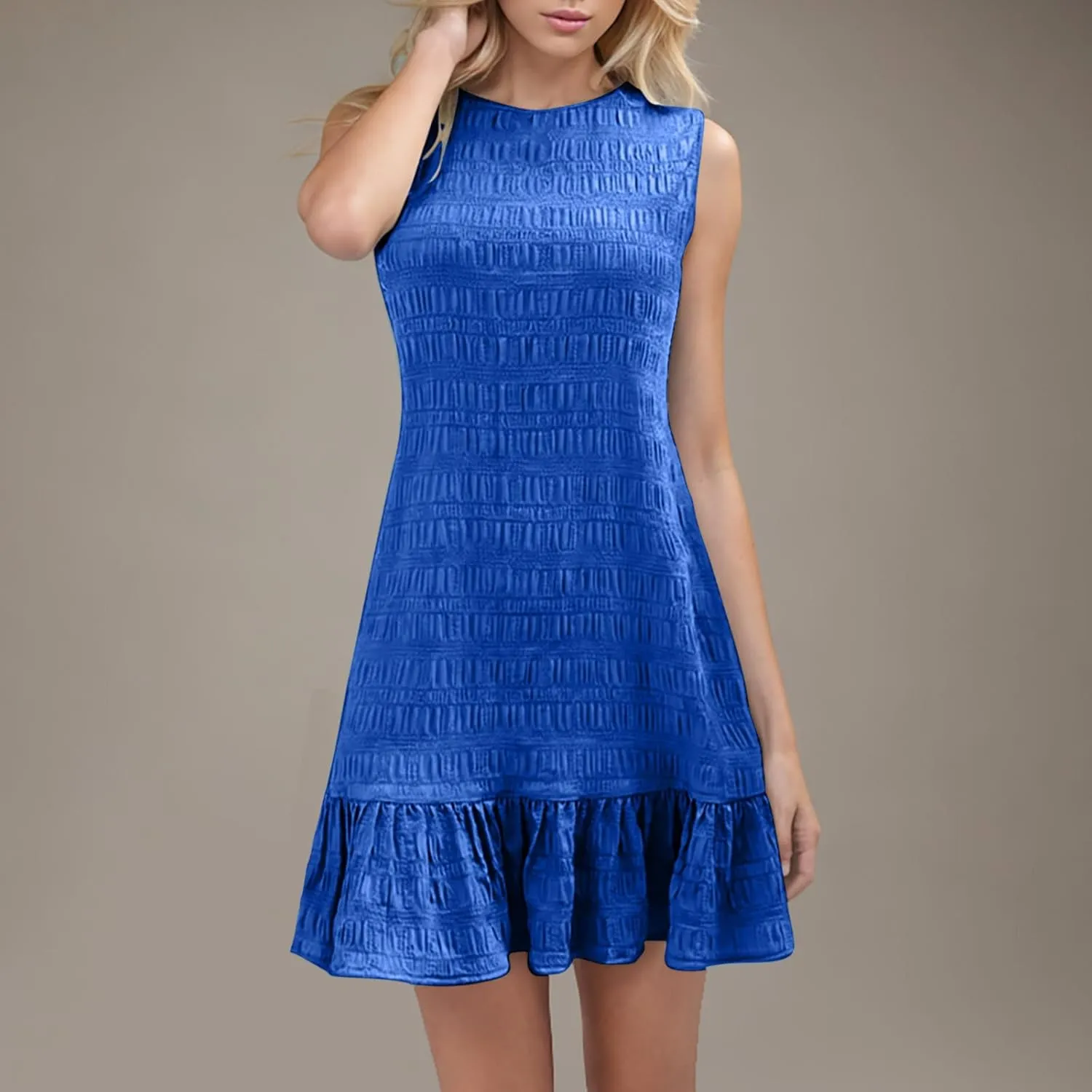 Women's Summer Sleeveless Mini Dress Fashion Basic Round Neck Short Dresses Casual Trendy Ruffle Patchwork Dress