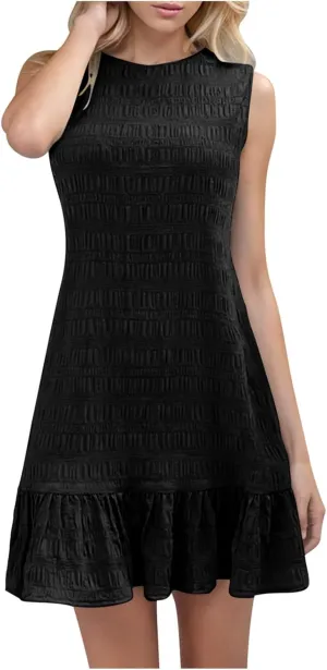 Women's Summer Sleeveless Mini Dress Fashion Basic Round Neck Short Dresses Casual Trendy Ruffle Patchwork Dress