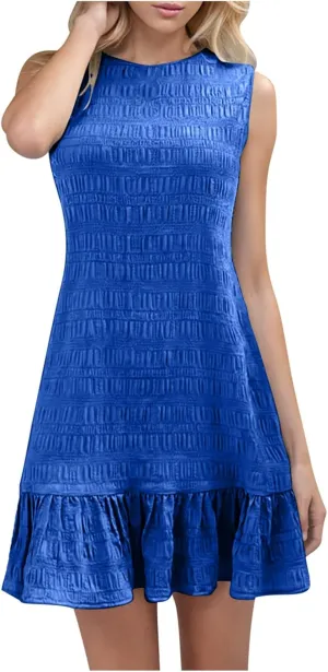 Women's Summer Sleeveless Mini Dress Fashion Basic Round Neck Short Dresses Casual Trendy Ruffle Patchwork Dress