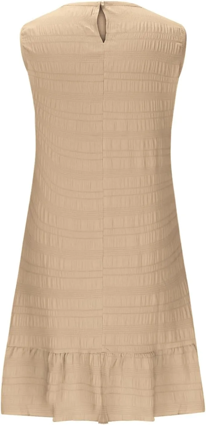 Women's Summer Sleeveless Mini Dress Fashion Basic Round Neck Short Dresses Casual Trendy Ruffle Patchwork Dress