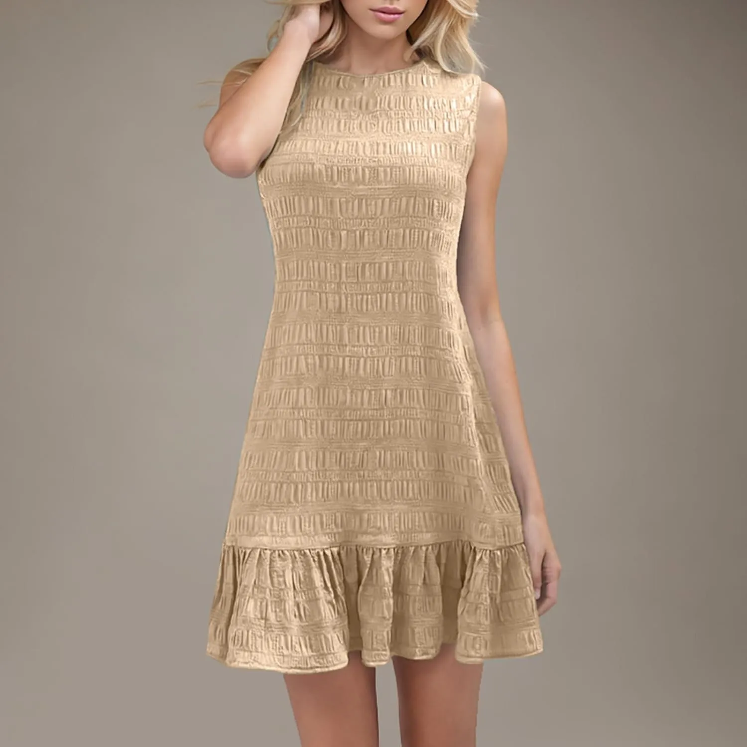 Women's Summer Sleeveless Mini Dress Fashion Basic Round Neck Short Dresses Casual Trendy Ruffle Patchwork Dress