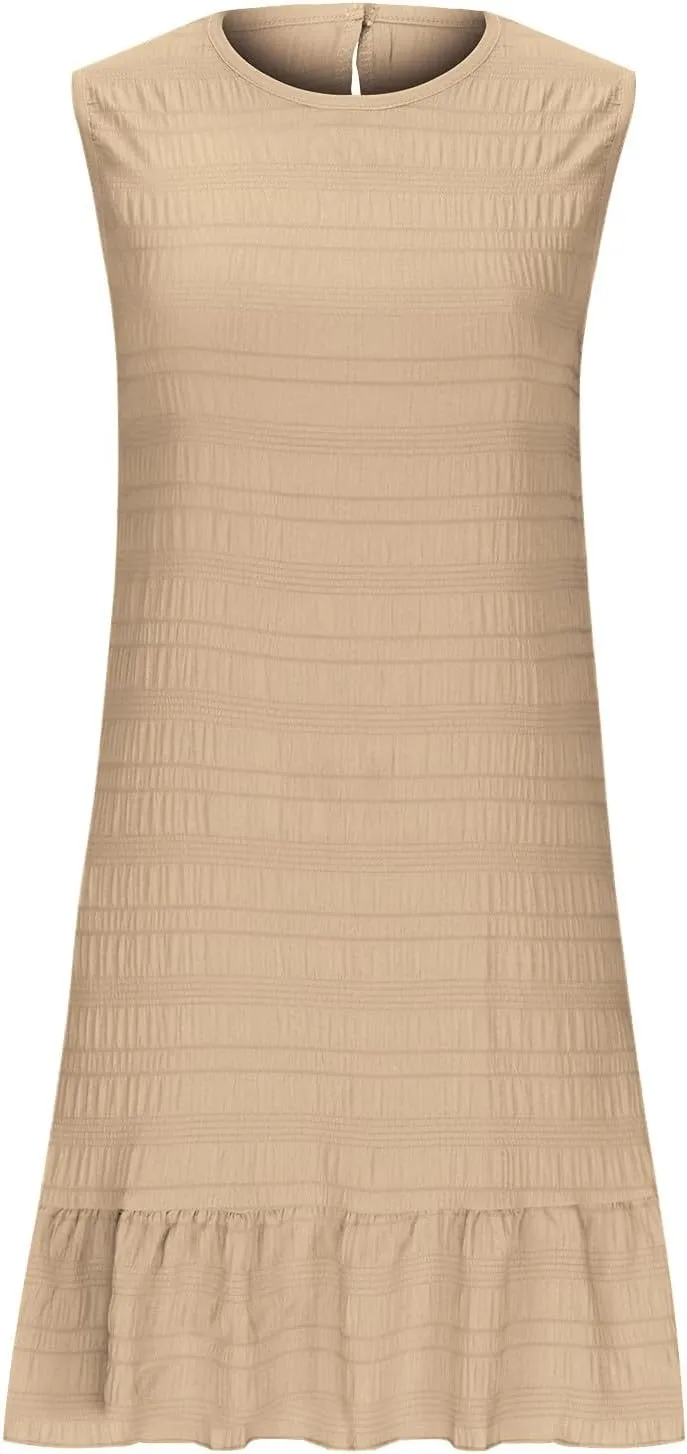 Women's Summer Sleeveless Mini Dress Fashion Basic Round Neck Short Dresses Casual Trendy Ruffle Patchwork Dress