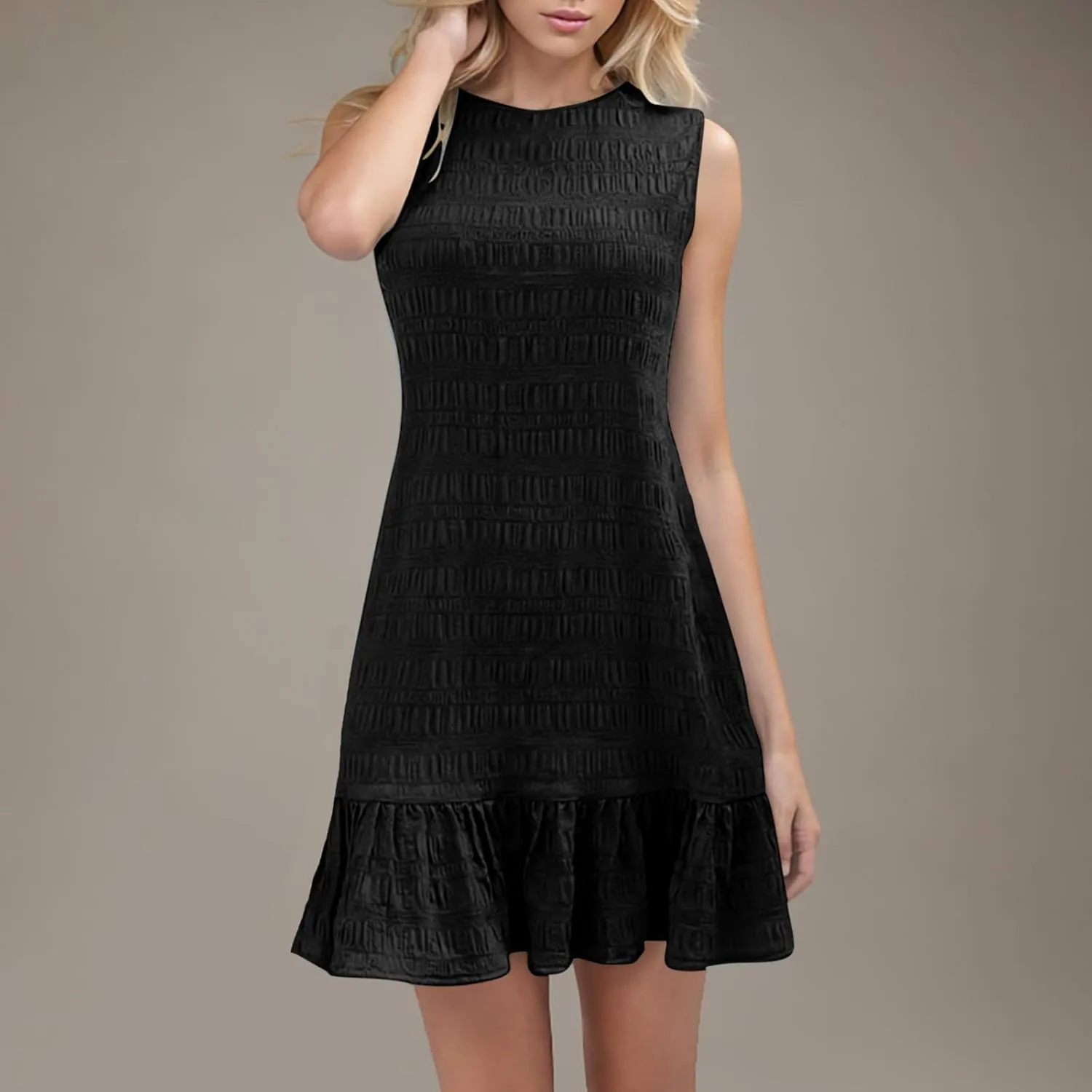 Women's Summer Sleeveless Mini Dress Fashion Basic Round Neck Short Dresses Casual Trendy Ruffle Patchwork Dress