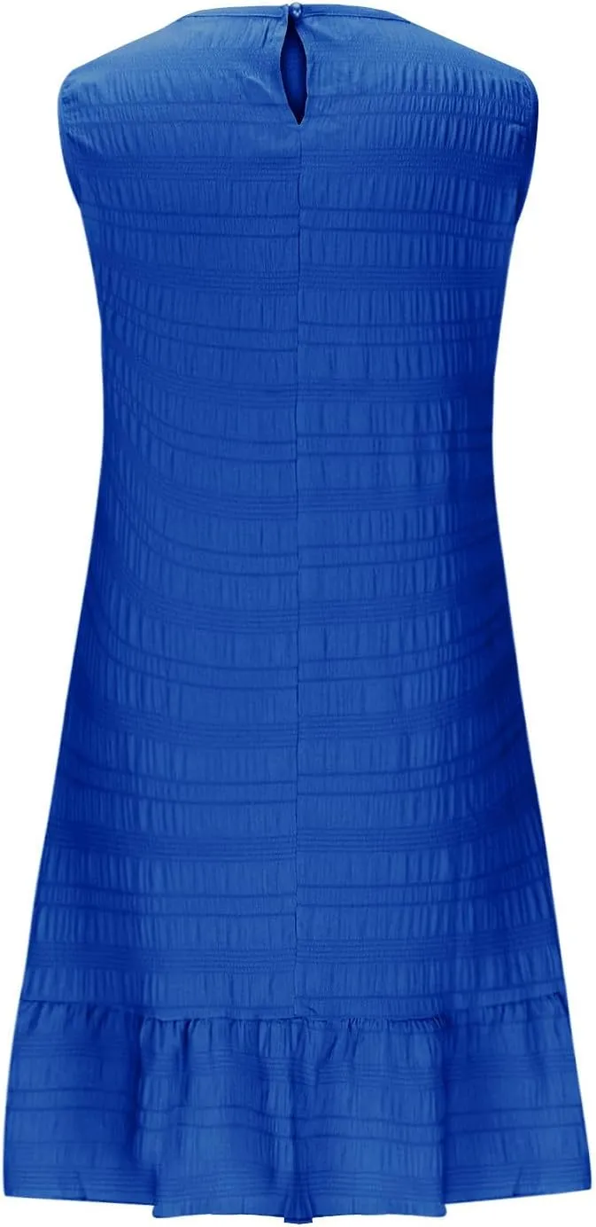 Women's Summer Sleeveless Mini Dress Fashion Basic Round Neck Short Dresses Casual Trendy Ruffle Patchwork Dress