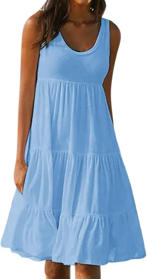 Women's Summer Tank Dress 2024 Round Neck Sleeveless Solid Color Ruffle Mini Dresses Tiered Beach Sundresses