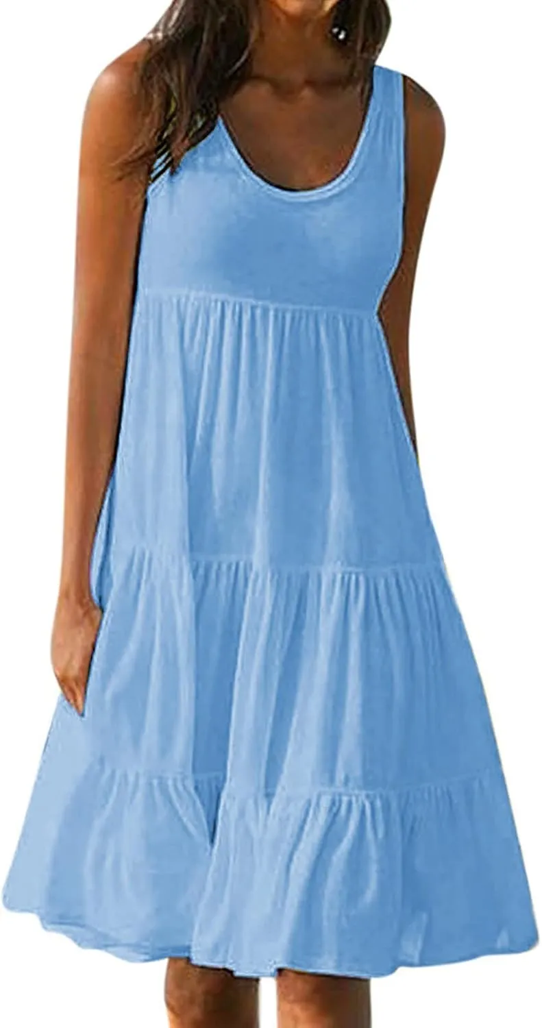 Women's Summer Tank Dress 2024 Round Neck Sleeveless Solid Color Ruffle Mini Dresses Tiered Beach Sundresses