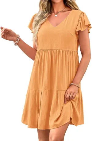 Womens Summer Tunic Dress V Neck Cap Sleeve Casual Flowy Swing Shift Dresses Loose Ruffle Mini Dress for Women 2025