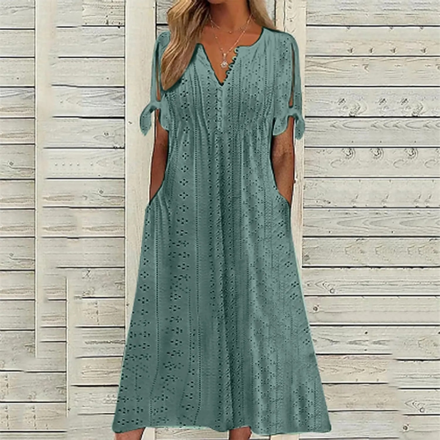 Women's Summer V Neck Button Tie Short Sleeve Boho Dress Pleated Casual Flowy Beach Vacation Midi Dresses