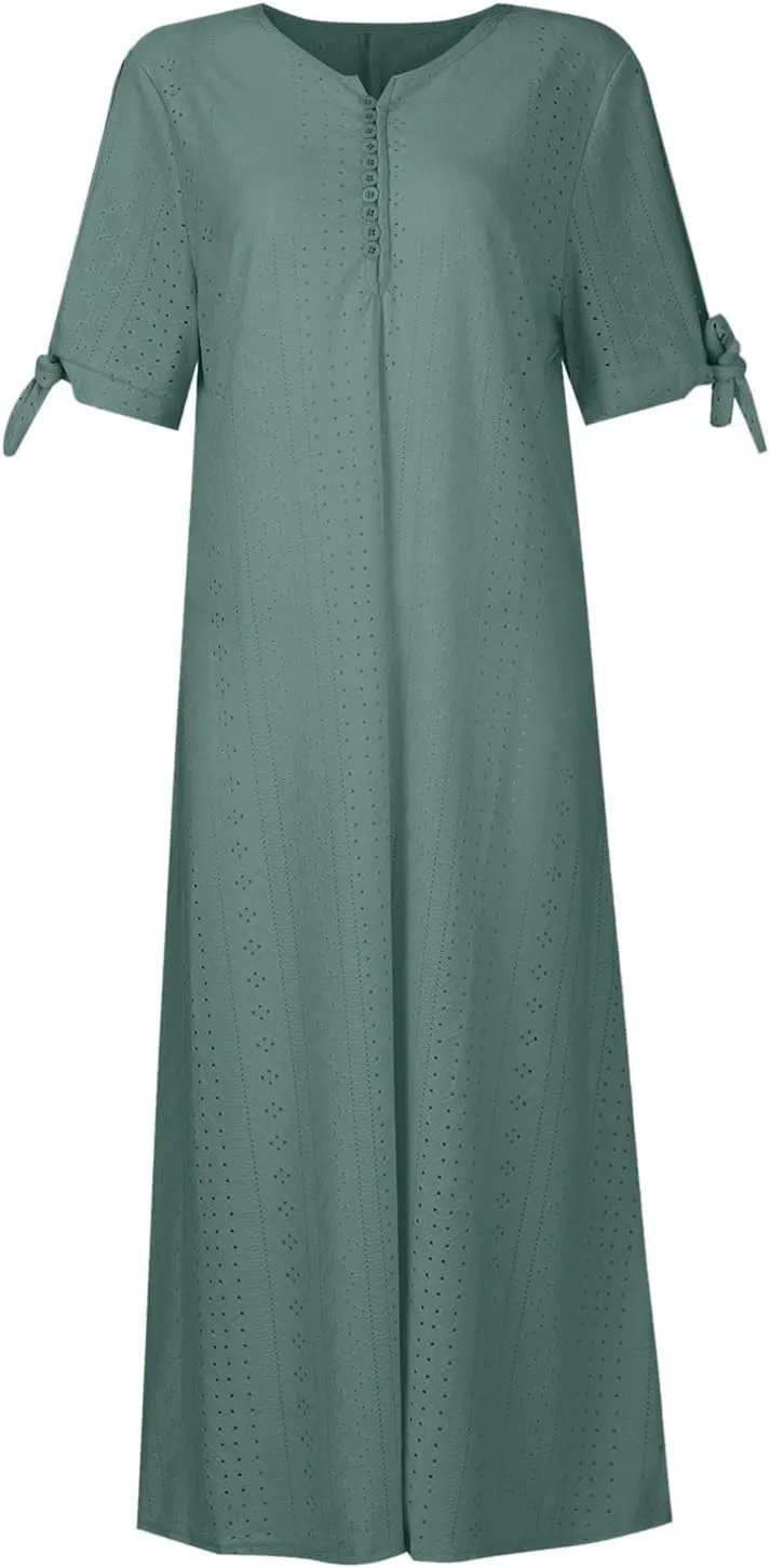 Women's Summer V Neck Button Tie Short Sleeve Boho Dress Pleated Casual Flowy Beach Vacation Midi Dresses