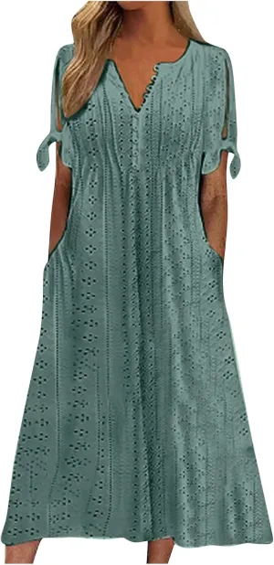 Women's Summer V Neck Button Tie Short Sleeve Boho Dress Pleated Casual Flowy Beach Vacation Midi Dresses