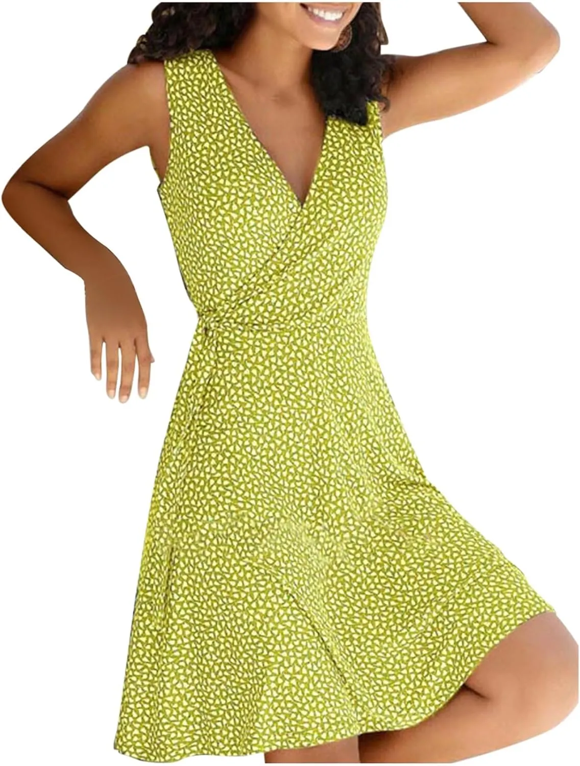 Womens Sun dress Summer Floral Short Sleeveless Wrap V Neck A-Line Midi Dress Beach Travel Vacation Outfits